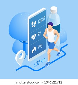 Isometric fitness bracelet or tracker with a smartphone, an athlete running outdoors. Jogging and running infographics