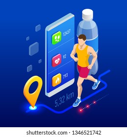 Isometric fitness bracelet or tracker with a smartphone, an athlete running outdoors. Jogging and running infographics