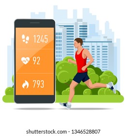 Isometric fitness bracelet or tracker with a smartphone, an athlete running outdoors. Jogging and running infographics
