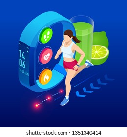 Isometric fitness bracelet or tracker with a smartphone, an athlete running outdoors. Jogging and running infographics