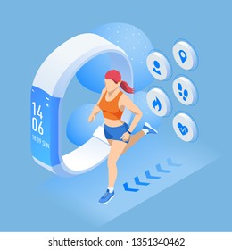 Isometric fitness bracelet or tracker with a smartphone, an athlete running outdoors. Jogging and running infographics