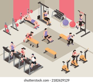 Isometric fitness club concept with gym space and people traning vector illustration