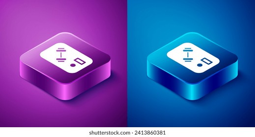 Isometric Fitness club, gym card icon isolated on blue and purple background. Square button. Vector