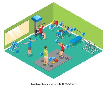Isometric fitness concept with strong people lifting dumbbells and barbells in gym isolated vector illustration