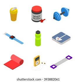 Isometric fitness icon set, movable objects isolated on white background: shaker, whey protein jar, dumbbell, smart bracelet with heart rate monitor, bottle, scales, mat, audio player, hand expander.