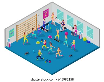 Isometric fitness illustration with group of girls and trainer at sports center  doing workout with dumbells, platforms, fit ball