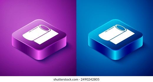 Isometric Fitness mat roll icon isolated on blue and purple background. Yoga mat rolled. Sport equipment. Square button. Vector Illustration