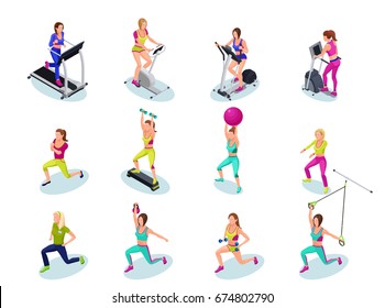 Isometric fitness people set, girls running, weight lifting, with barbell, dumbbells, on step platform, with fit ball, doing exercises, gymnastics, cardio training, athletics, workout with trainer