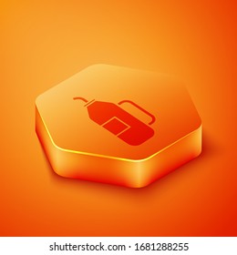 Isometric Fitness shaker icon isolated on orange background. Sports shaker bottle with lid for water and protein cocktails. Orange hexagon button. Vector Illustration