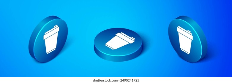 Isometric Fitness shaker icon isolated on blue background. Sports shaker bottle with lid for water and protein cocktails. Blue circle button. Vector
