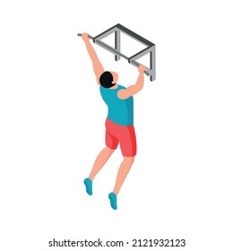 Isometric fitness sport composition with character of male athlete performing pull ups on horizontal bar vector illustration