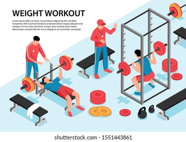 Isometric fitness sport horizontal background composition with editable text with gymnastic apparatus training specialists and sporting vector illustration