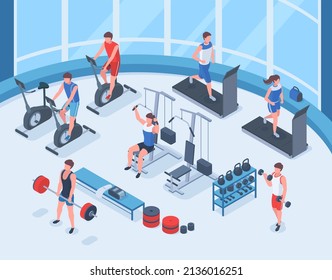 Isometric fitness sport, people workout in gym interior. Human characters working with gymnastic equipment vector illustration set. Gym and workout room. Gym sport fitness