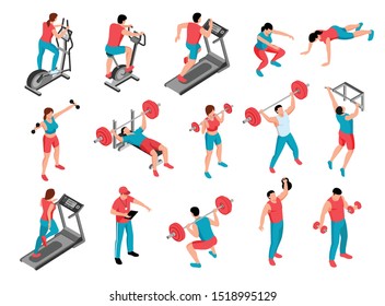 Isometric fitness sport set of isolated human characters in uniform with gymnastic equipment on blank background vector illustration