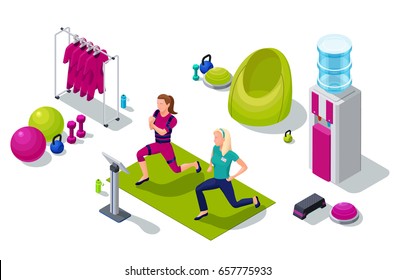 Isometric fitness studio with girl and personal trainer doing electrical muscular workout and sports equipment. Vector illustration