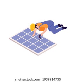 Isometric fitter with electric drill at work on white background vector illustration
