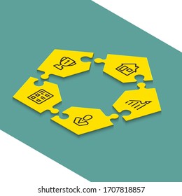 Isometric five sided 3d shape puzzle presentation. Abstract isometric 5 pieces puzzle infographic