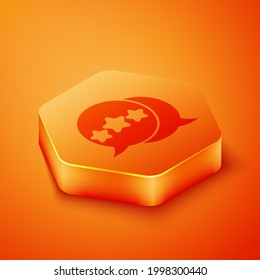 Isometric Five stars customer product rating review icon isolated on orange background. Favorite, best rating, award symbol. Orange hexagon button. Vector