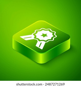 Isometric Five stars customer product rating review icon isolated on green background. Favorite, best rating, award symbol. Green square button. Vector