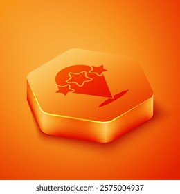 Isometric Five stars customer product rating review icon isolated on orange background. Favorite, best rating, award symbol. Orange hexagon button. Vector