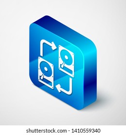 Isometric A fixed data storage device hard disk with arrows, data copy icon isolated on white background. Data exchange with hard disk drive. Transfer sign. Blue square button. Vector Illustration