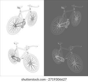  Bicicleta de engranaje fijo isométrica Perspectiva de alambre de dibujo técnico