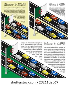 Isometric flag of Algeria on flagpole fluttering in wind. Crossing of Algeria country border by car travels. Set of information horizontal, square and vertical vector banner, templates for printing
