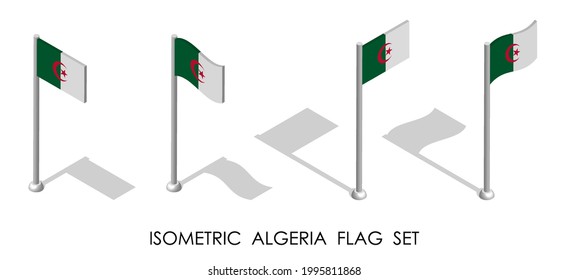 isometric flag of Algeria in static position and in motion on flagpole. 3d vector