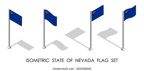 isometric flag of american state of NEVADA in static position and in motion on flagpole. 3d vector