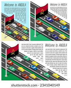 Isometric flag of Angola on flagpole fluttering wind. Crossing of Angola country border by car travels. Set of information horizontal, square and vertical vector banner, templates for printing
