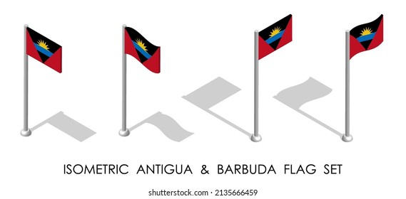 Bandera isométrica de ANTIGUA Y BARBUDA en posición estática y en movimiento sobre asta. 3.ᵉʳ vector