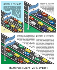 Isometric flag of Argentina on flagpole fluttering wind. Crossing of Argentinian country border by car travels. Set of information horizontal, square and vertical vector banner, templates for printing