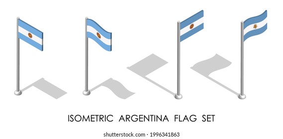 isometric flag of Argentina in static position and in motion on flagpole. 3d vector