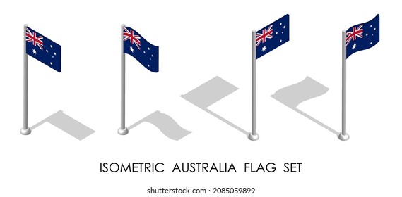 Bandera isométrica de AUSTRALIA en posición estática y en movimiento sobre asta. 3.ᵉʳ vector