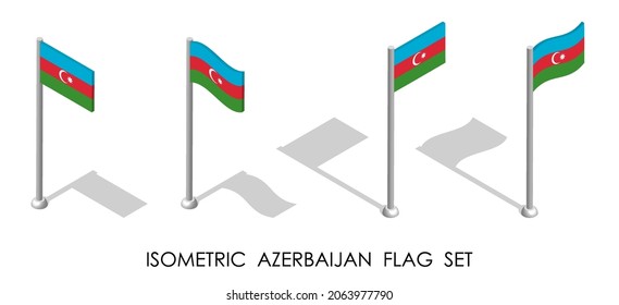 bandera isométrica de AZERBAIYÁN en posición estática y en movimiento sobre asta de bandera. 3.ᵉʳ vector
