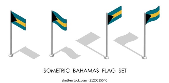isometric flag of BAHAMAS in static position and in motion on flagpole. 3d vector