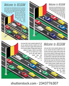 Isometric flag of Belgium on flagpole fluttering wind. Crossing of Belgian country border by car travels. Set of information horizontal, square and vertical vector banner, templates for printing