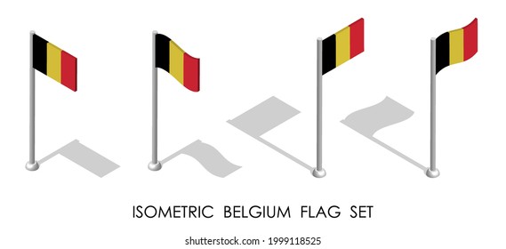 isometric flag of Belgium in static position and in motion on flagpole. 3d vector