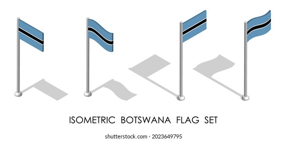 isometrische Flagge von BOTSWANA in statischen Position und in Bewegung auf Flagpol. 3D-Vektorgrafik