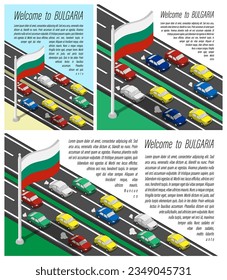 Isometric flag of Bulgaria on flagpole fluttering wind. Crossing of Bulgarian country border by car travels. Set of information horizontal, square and vertical vector banner, templates for printing