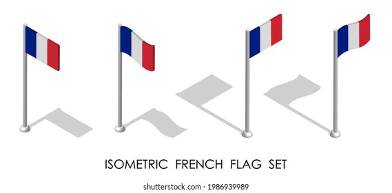 isometric flag of France in static position and in motion on flagpole. 3d vector