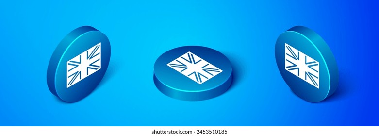 Isometric Flag of Great Britain icon isolated on blue background. UK flag sign. Official United Kingdom flag. British symbol. Blue circle button. Vector