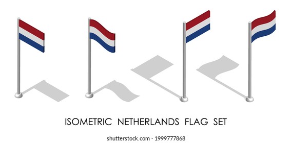 isometric flag of Holland, Netherlands in static position and in motion on flagpole. 3d vector