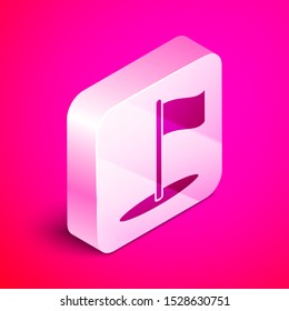 Isometric Flag icon isolated on pink background. Location marker symbol. Silver square button. Vector Illustration