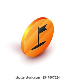 Isometric Flag icon isolated on white background. Location marker symbol. Orange circle button. Vector Illustration