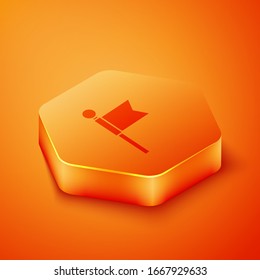 Isometric Flag icon isolated on orange background. Location marker symbol. Orange hexagon button. Vector Illustration
