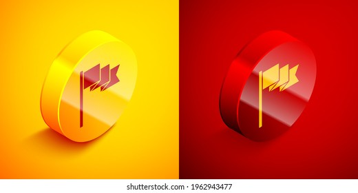 Isometric Flag icon isolated on orange and red background. Location marker symbol. Circle button. Vector