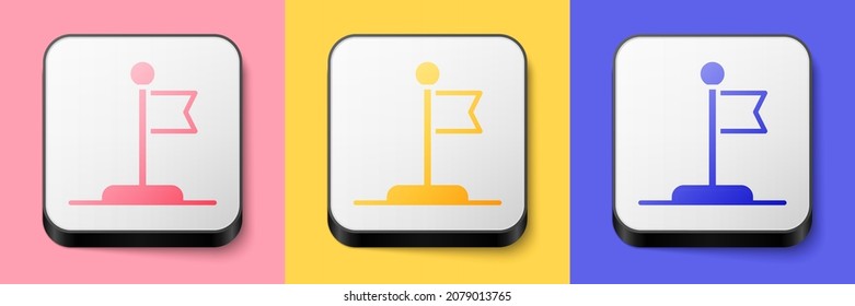 Isometric Flag icon isolated on pink, yellow and blue background. Victory, winning and conquer adversity concept. Square button. Vector