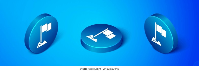 Isometric Flag icon isolated on blue background. Location marker symbol. Blue circle button. Vector