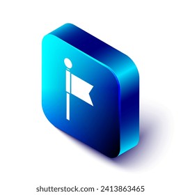 Isometric Flag icon isolated on white background. Location marker symbol. Blue square button. Vector Illustration